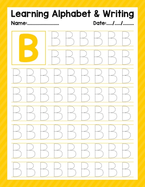 Алфавитная буква B, отслеживающая начало письма, лист для занятий дошкольников обратно в школу