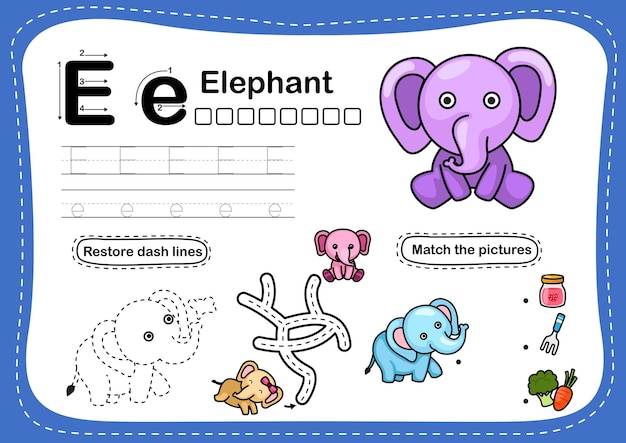 Alfabeto lettera e-elefante esercizio con il vocabolario dei cartoni animati