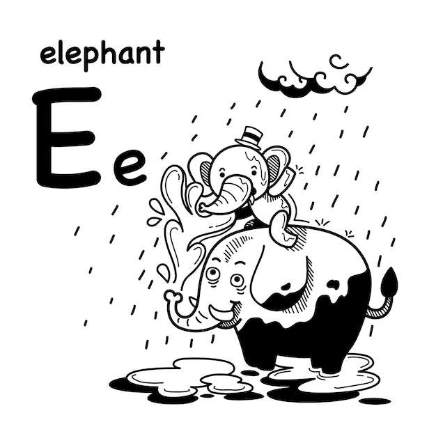 Alphabet letter e elephant  in hand drawn