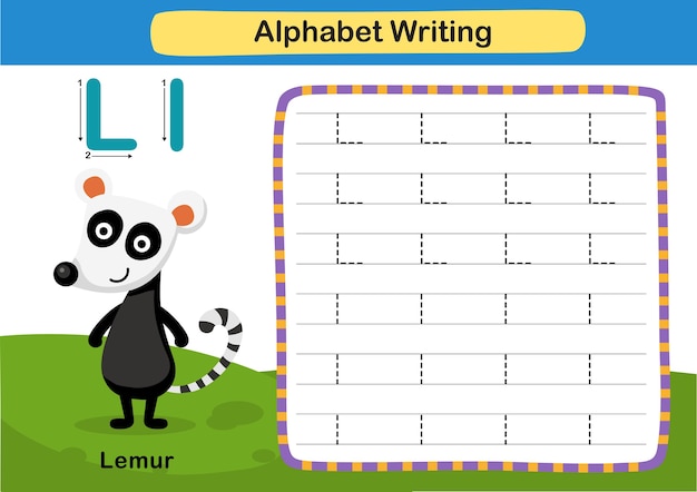 Alphabet Letter exercise L  Lemur with cartoon vocabulary illustration