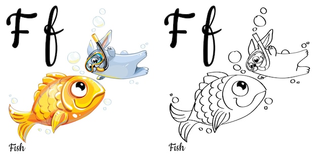 Alphabet letter f for children education with funny cartoon gold fish and bunny. isolated. learn to read. coloring page.