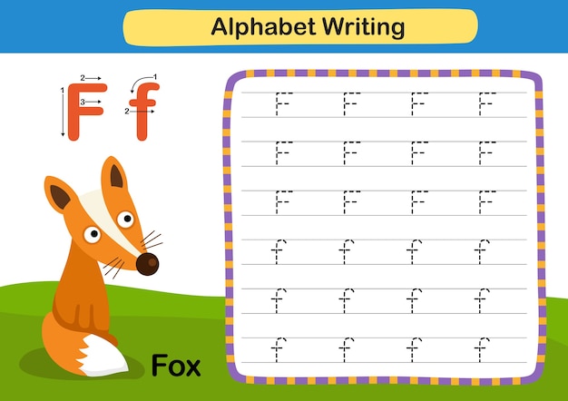 Alphabet Letter F  Fox exercise with cartoon vocabulary illustration