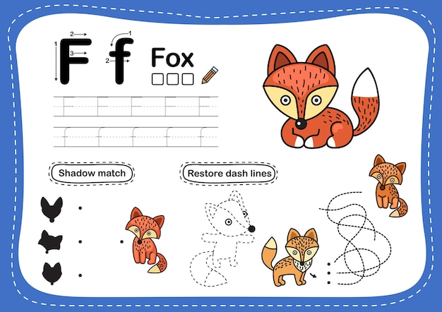 Alphabet Letter F-fox exercise with cartoon vocabulary 