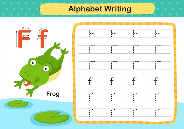 Esercizio di f-frog della lettera di alfabeto con l'illustrazione di vocabolario del fumetto