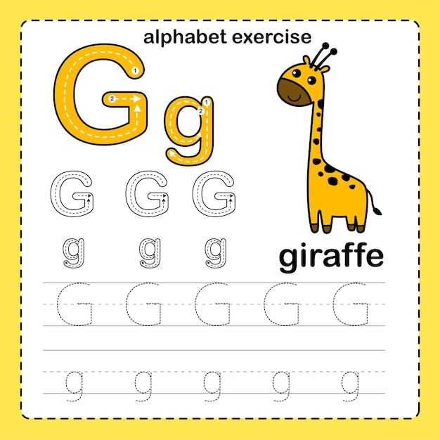 Алфавитная буква g giraffe упражнение с мультипликационным вектором словарного запаса