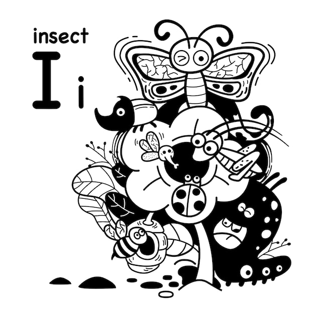 Alphabet letter i insect in hand drawn