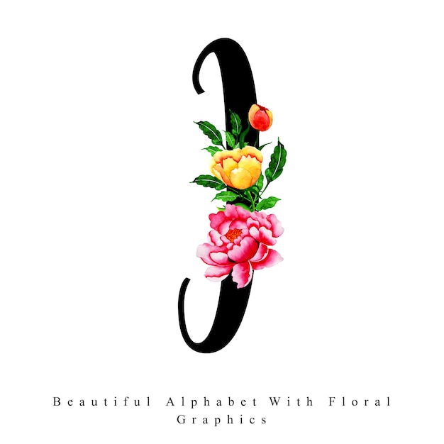 Alphabet letter i watercolor floral background