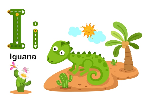 Alphabet Letter IIguana with cartoon vocabulary illustration vector