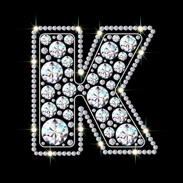 Vector alphabet letter k made from bright, sparkling diamonds