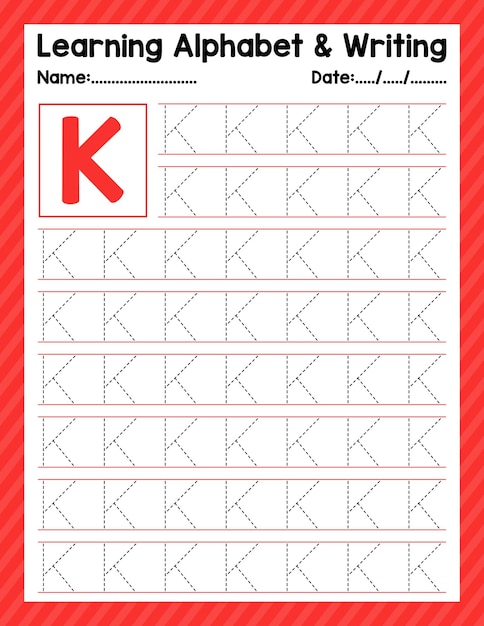 Алфавитная буква k, отслеживающая начало письма, лист для занятий дошкольников обратно в школу