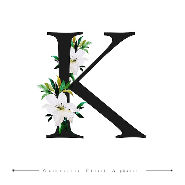 Vector alphabet letter k watercolor floral background