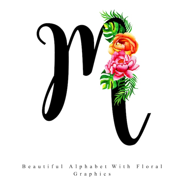 Alphabet letter m watercolor floral background