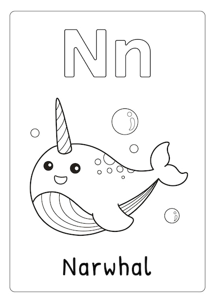 Alphabet letter N for Narwhal coloring page for kids