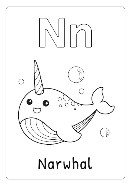 Alphabet letter n for narwhal coloring page for kids