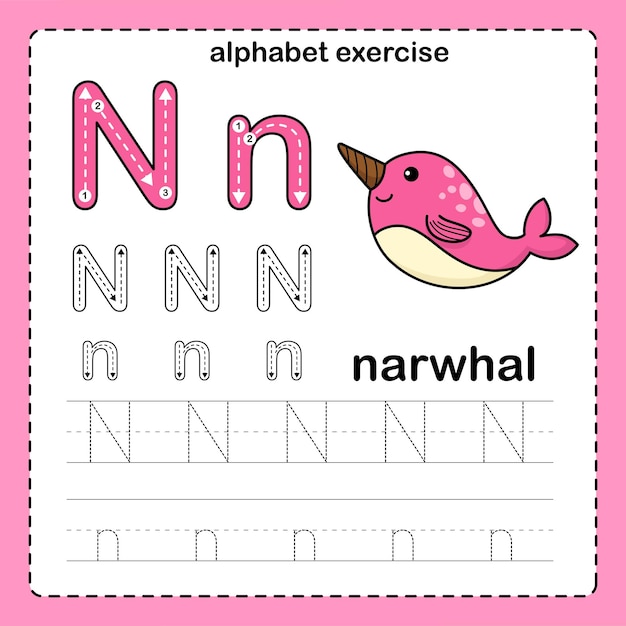 Alfabeto lettera n narwhal esercizio con vocabolario cartoon illustrazione vettoriale