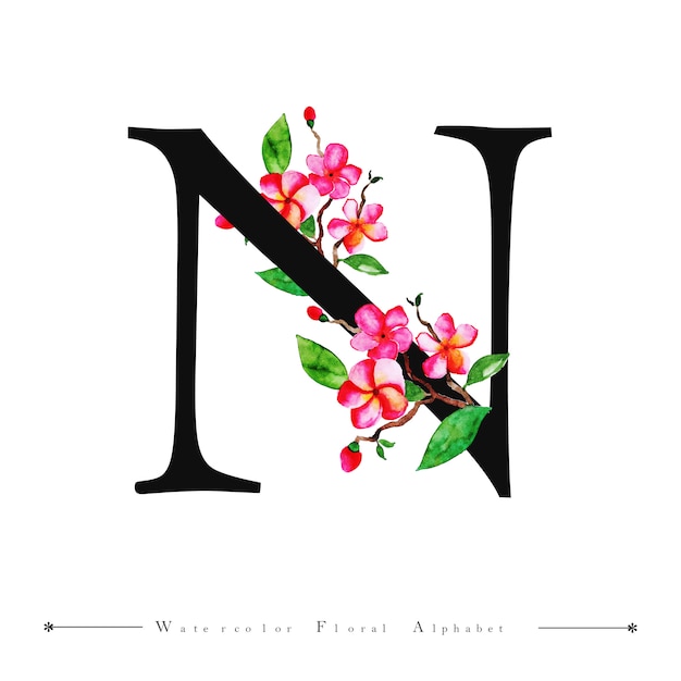 Vector alphabet letter n watercolor floral background