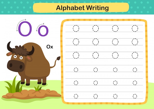 Alphabet letter o-ox exercise with cartoon vocabulary illustration