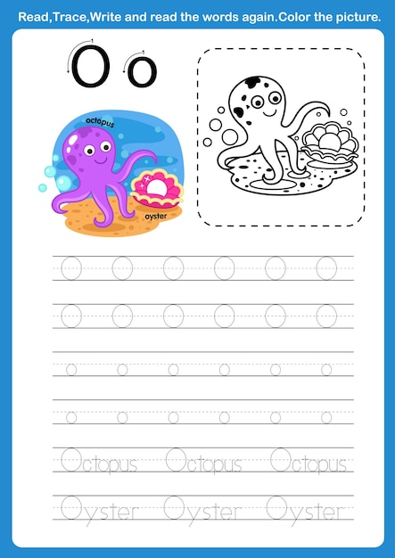 Alphabet Letter O with cartoon vocabulary for coloring book illustration vector