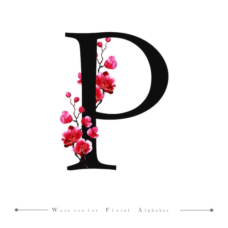 Vector alphabet letter p watercolor floral background