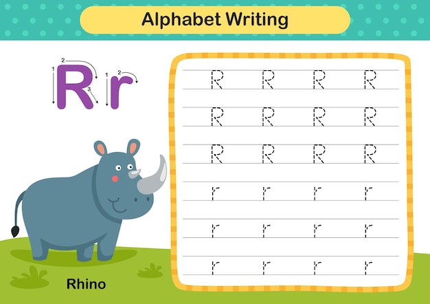 Lettera dell'alfabeto r esercizio di rhino con illustrazione del vocabolario dei cartoni animati