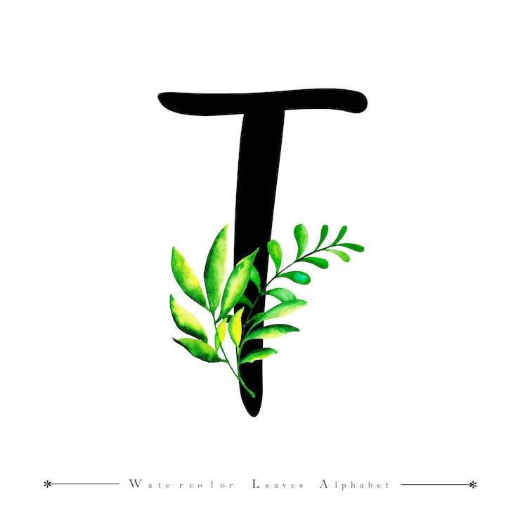 Vector alphabet letter t with watercolor leaves background