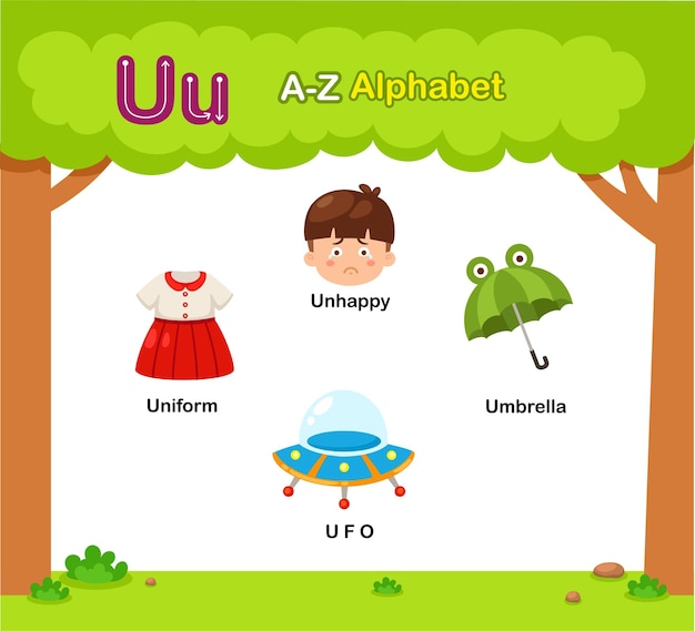 Vettore vettore di illustrazione del vocabolario educativo dell'alfabeto u