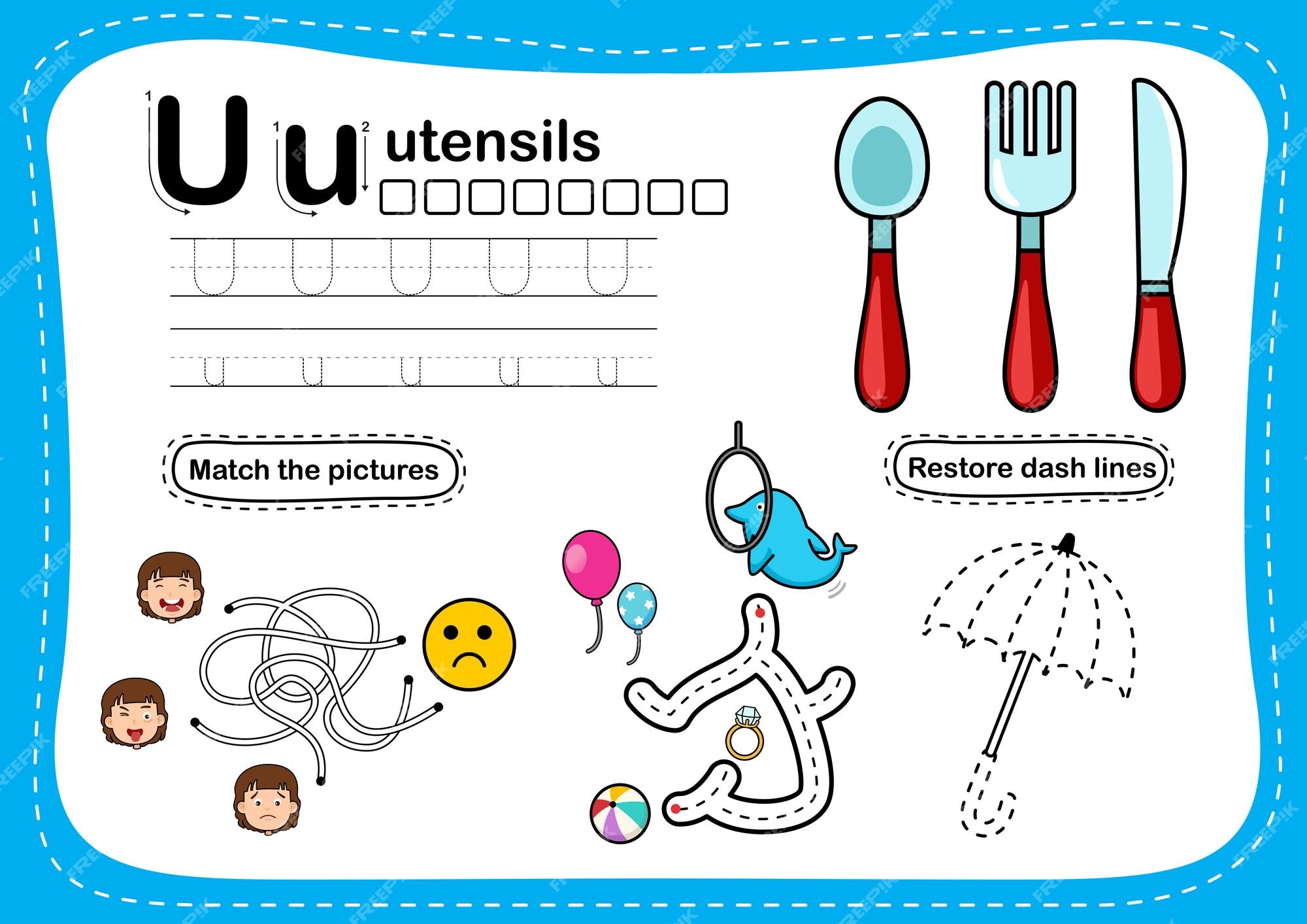 Premium Vector | Alphabet letter u utensils exercise with cartoon vocabulary illustration vector Premium Vector | Alphabet letter u utensils exercise with cartoon vocabulary illustration vector