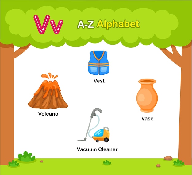 Vettore vettore di illustrazione del vocabolario educativo dell'alfabeto v