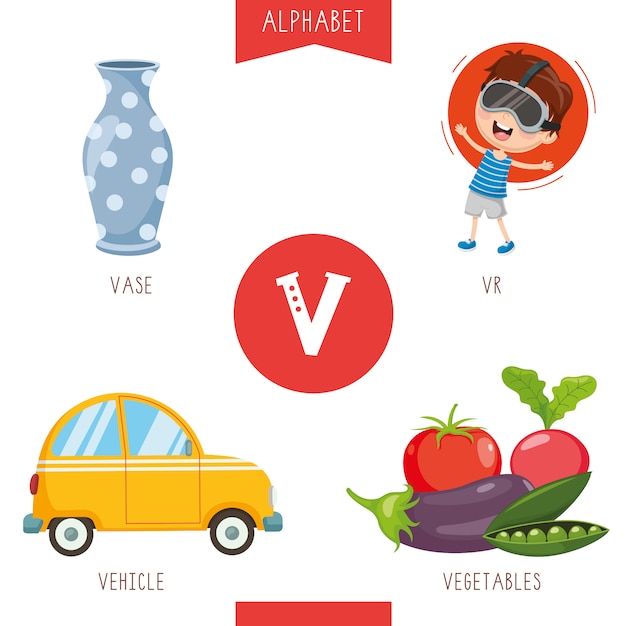 Alphabet letter v and pictures