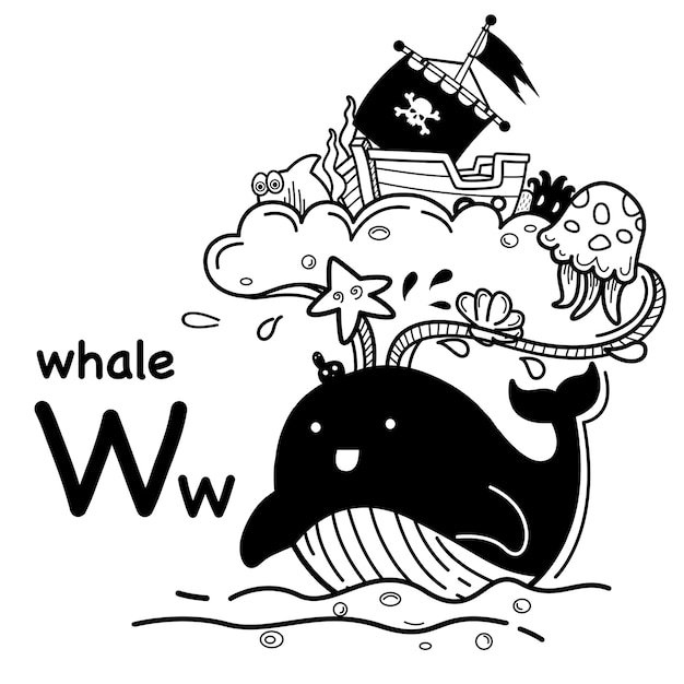 Alphabet Letter W whale in hand drawn