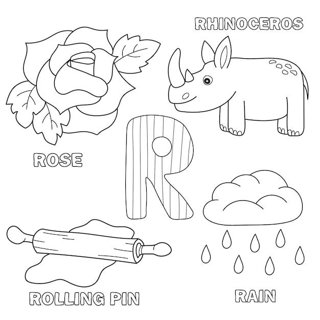 Alphabet letter with alphabet letters - R. pictures of the letter - coloring book for kids - Rose, rolling pin, rain, rhino