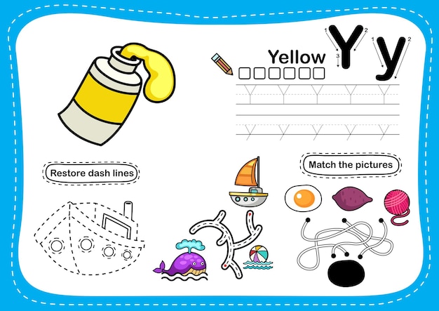 Alfabeto lettera y esercizio giallo con vocabolario cartoon illustrazione vettoriale