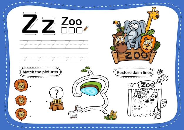 Alphabet letter zoo exercise with cartoon vocabulary