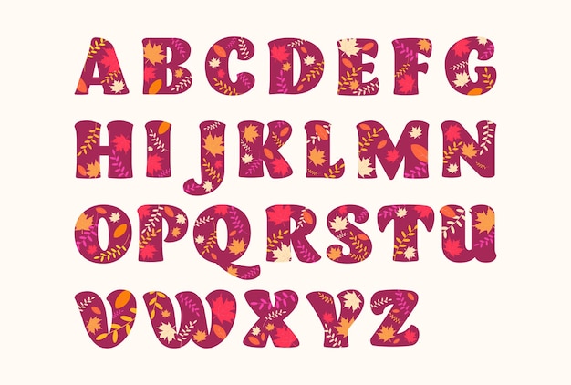 Alphabet letters in autumn style with colorful leaves Autumn font