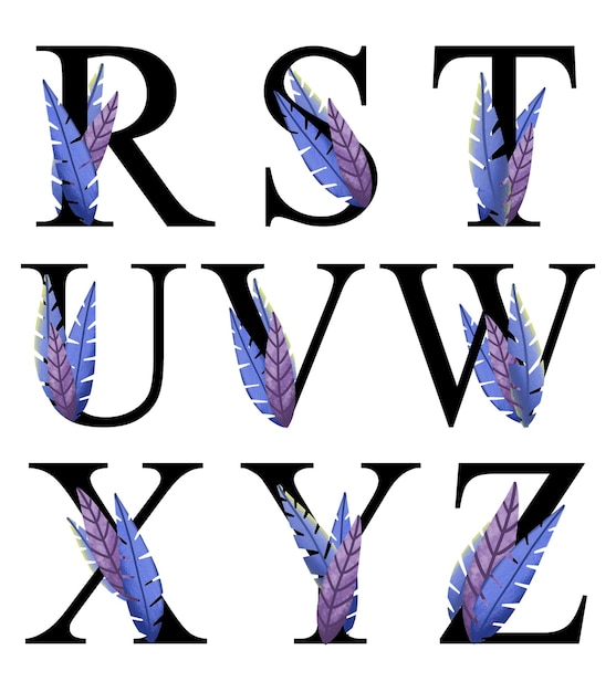 Alphabet letters design r - z with hand drawn blue purple leaf decoration