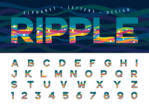 Alphabet letters modern colorful ripple lines effect letter fonts set for wave ocean water