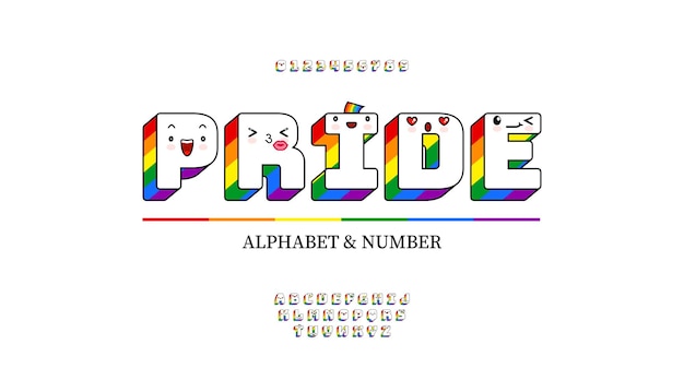 Lettere e numeri dell'alfabeto con i colori dell'arcobaleno e simpatiche emoticon kawaii con carattere lgbt