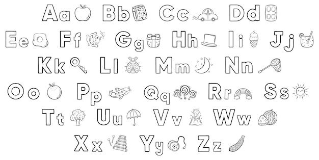 Vector alphabet letters with objects sketch for coloring