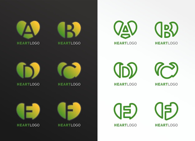 Logo alfabeto a forma di cuore in modalità lineare e riempimento lettere abcde e f logo per il branding