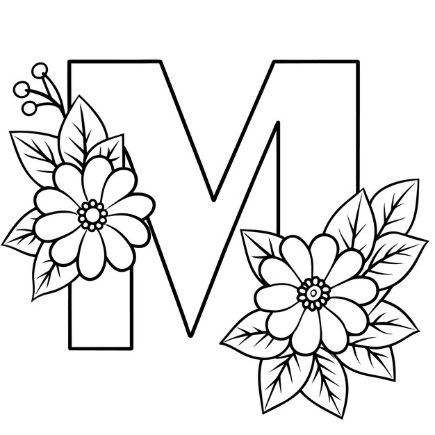 Alphabet M coloring page with the flower M letter digital outline floral coloring page ABC colorin