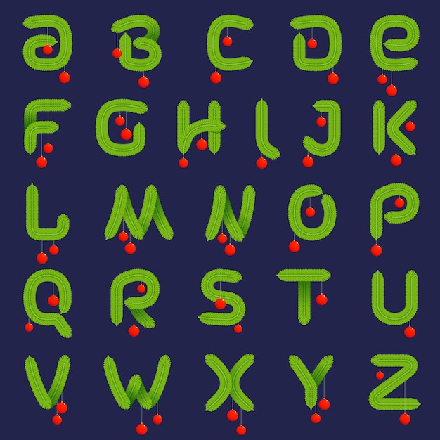 alphabet made of christmas decorative fir tree branches.