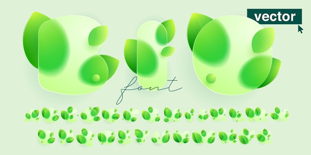 Алфавит из зеленых листьев под матовым стеклом реалистичный стиль glassmorphism