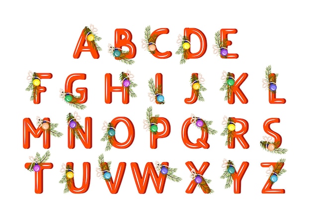 벡터 녹색 크리스마스 트리 분기 볼과 하의 활 축제 글꼴 기호로 빨간 글자로 만든 알파벳...