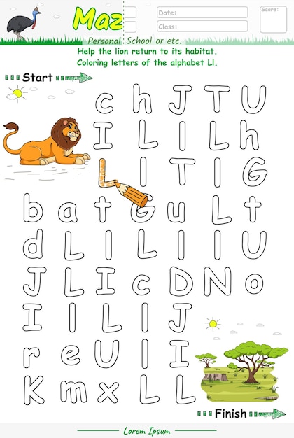 Alphabet Maze Game learning alphabet Ll with Lion cartoon