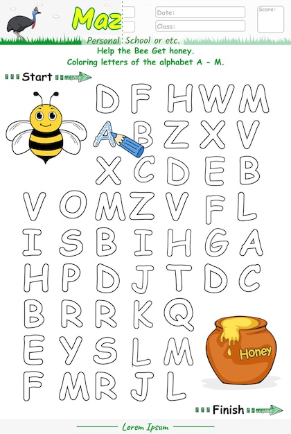 Alphabet maze game learning alphabet a to m with bee cartoon