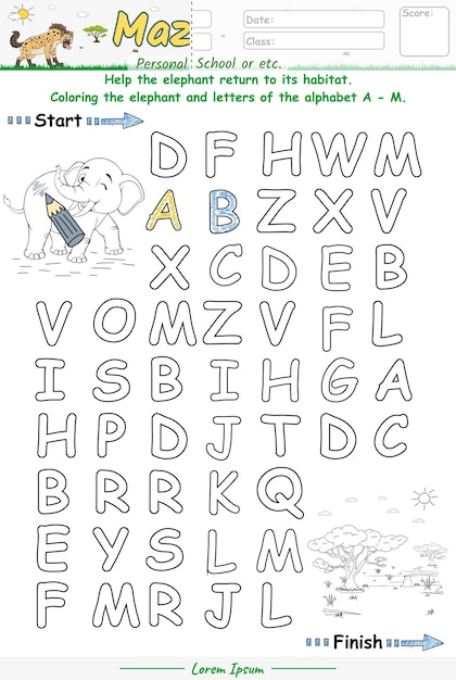 Alphabet Maze Game learning alphabet A to M with elephant cartoon coloring