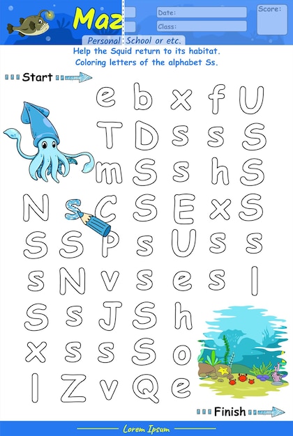 Vector alphabet maze game learning alphabet ss with squid cartoon