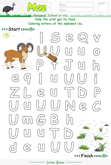 Alphabet Maze Game learning alphabet Uu with Urial cartoon