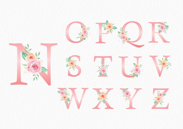 alphabet n to z with peach rose ornaments watercolor set