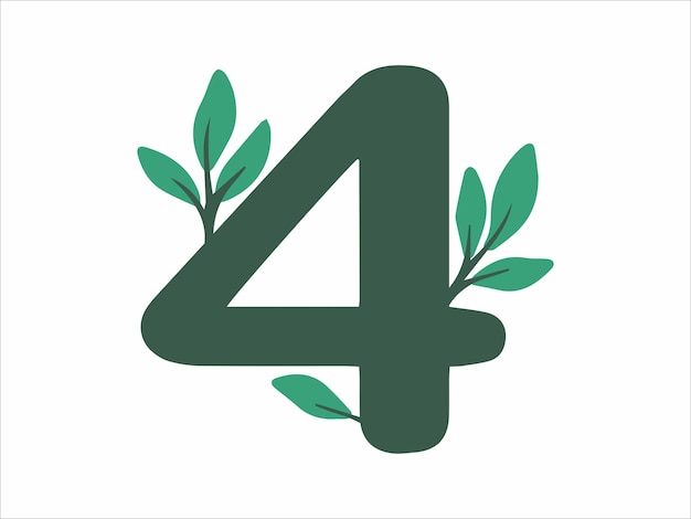 Alphabet Number 4 with Botanical Leaf Illustration